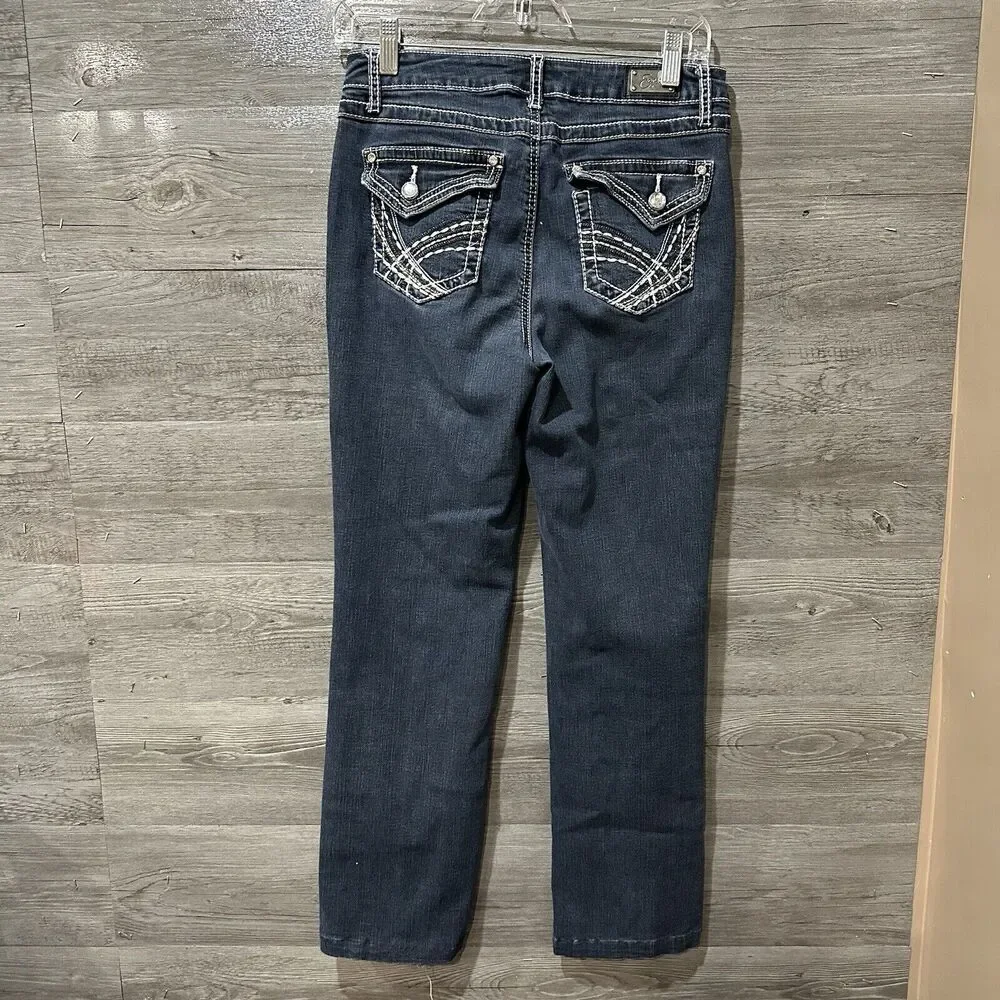 Earl Jeans Straight Leg Womens Denim Jeans Size 6 Embroidered Bling Flap Pocket - Picture 6 of 9